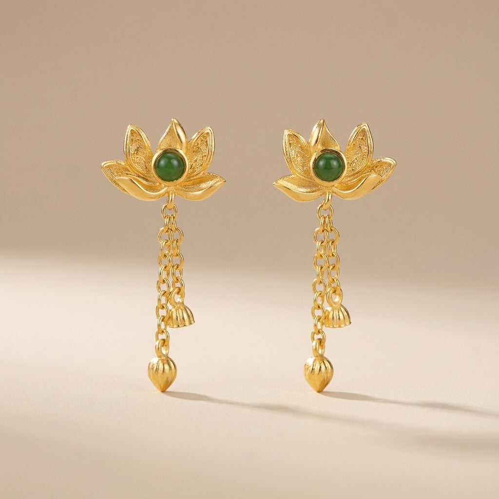 Boucles d'Oreilles Jade Lotus "Lotus d'Or" Argent Doré Or