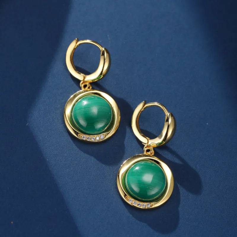 Malachite Earrings "Green Moon" Gold Plated Silver