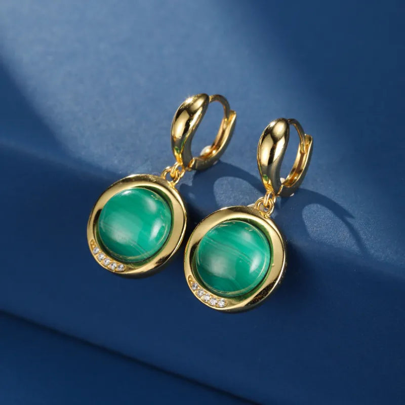 Malachite Earrings "Green Moon" Gold Plated Silver