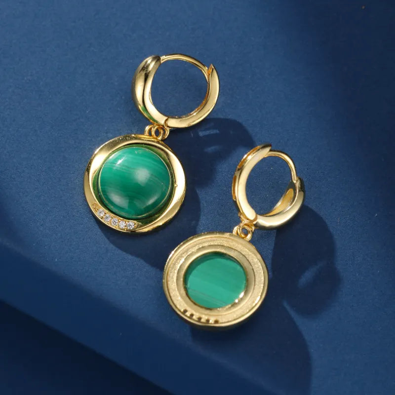Malachite Earrings "Green Moon" Gold Plated Silver