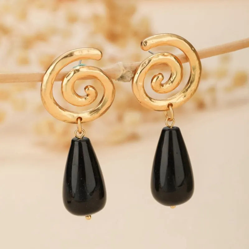 Obsidian Earrings "Eternal Spiral" Gold