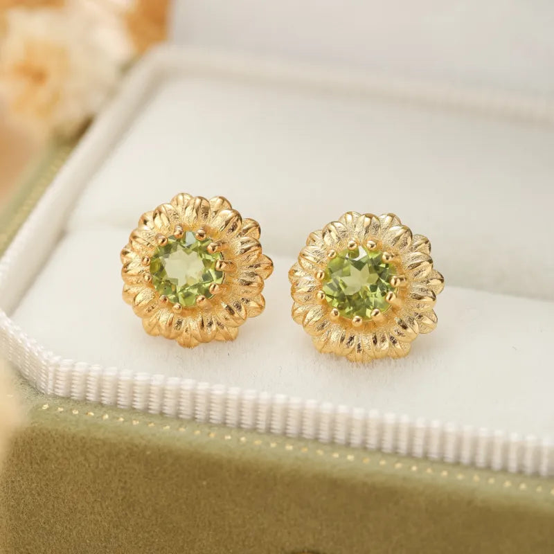 Peridot Earrings "Radiant Flower" Gold-Plated Silver