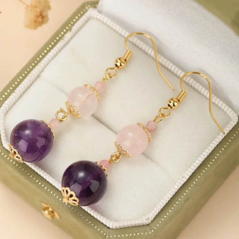 Rose Quartz and Amethyst "Pastel Harmony" Gold Earrings