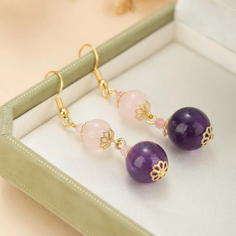 Rose Quartz and Amethyst "Pastel Harmony" Gold Earrings