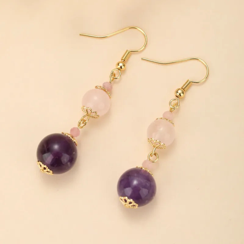 Rose Quartz and Amethyst "Pastel Harmony" Gold Earrings