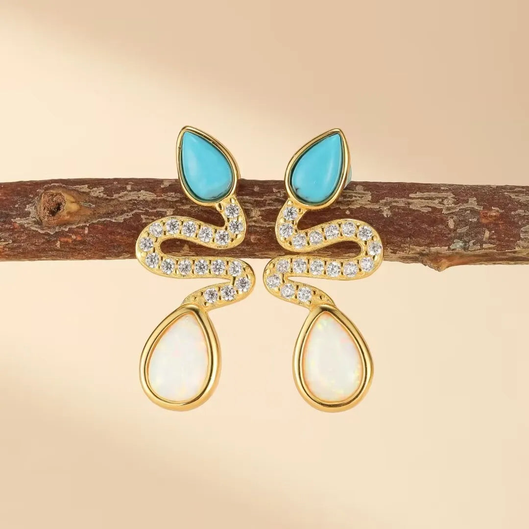 Turquoise and Opal Snake Earrings "Snake Charm" Silver