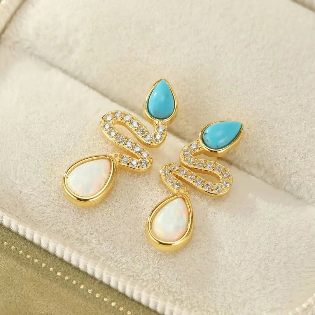 Turquoise and Opal Snake Earrings "Snake Charm" Silver