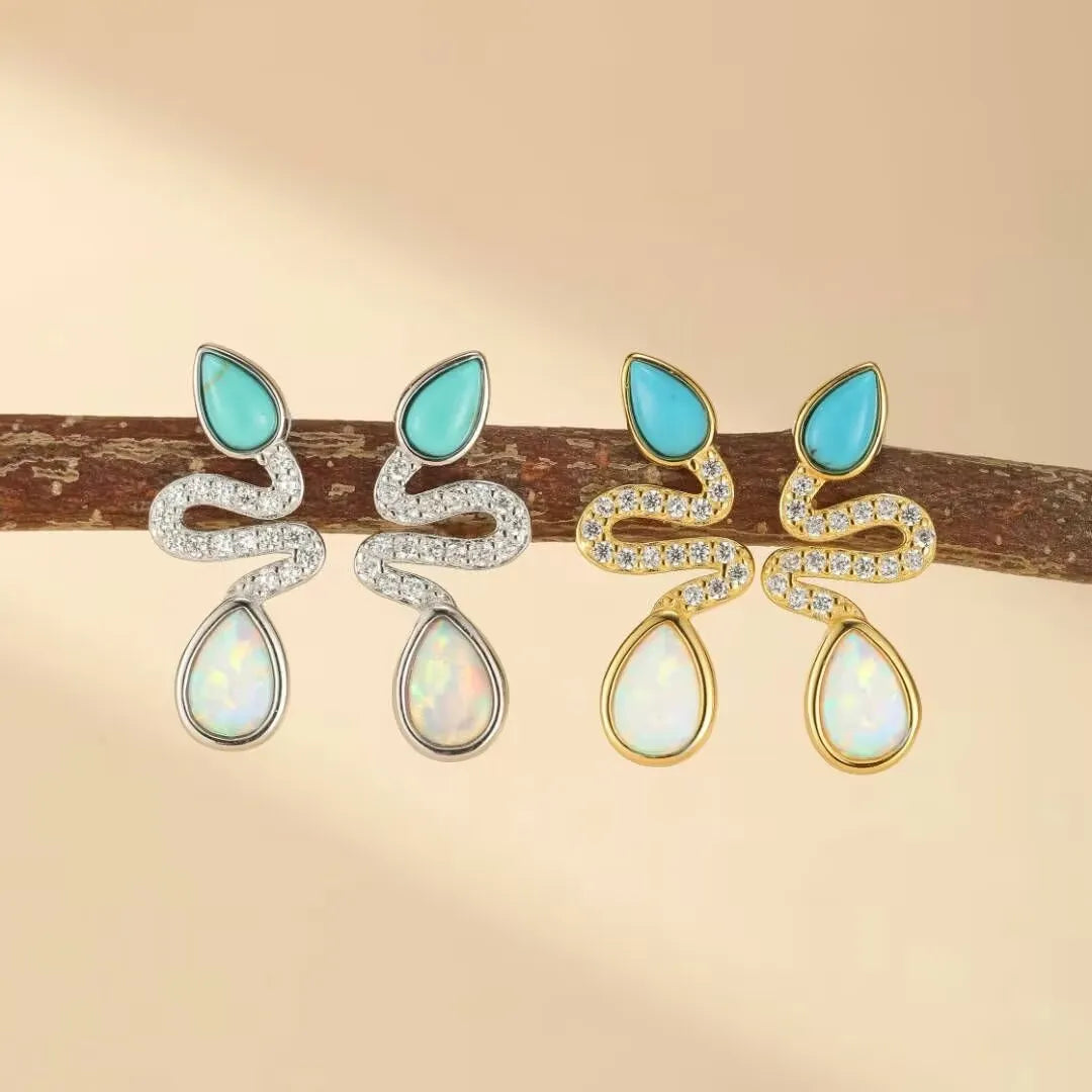 Turquoise and Opal Snake Earrings "Snake Charm" Silver