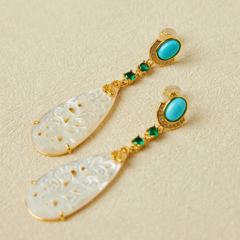 Turquoise and Mother-of-Pearl Earrings "Colored Empire" Gold-Plated Silver
