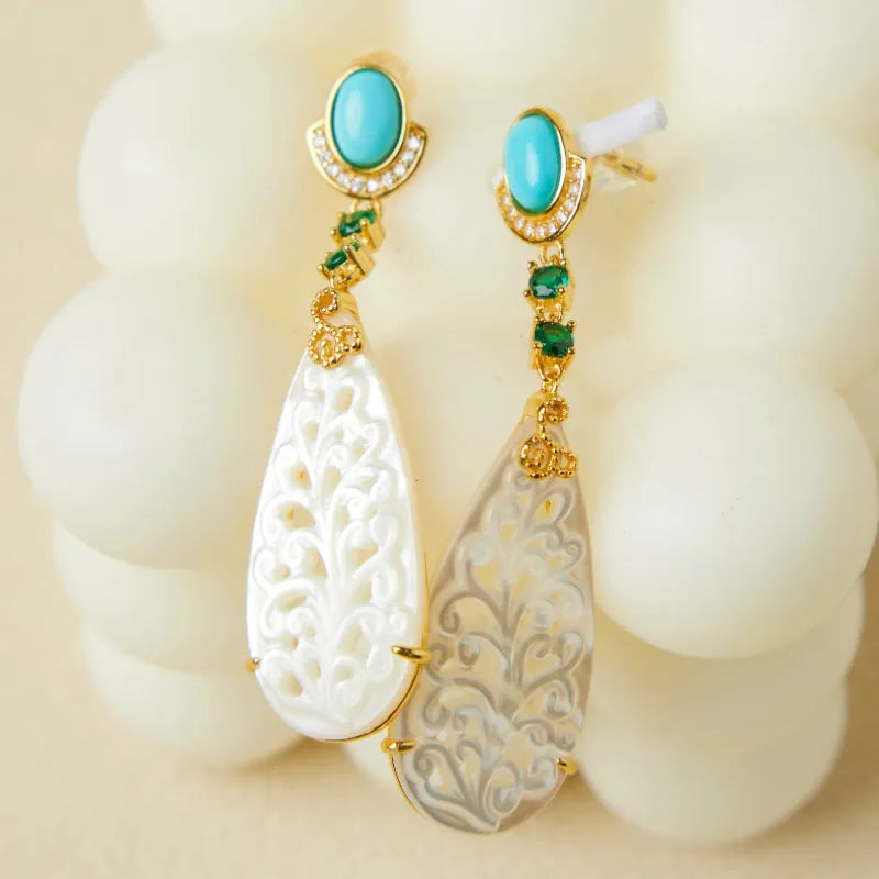 Turquoise and Mother-of-Pearl Earrings "Colored Empire" Gold-Plated Silver