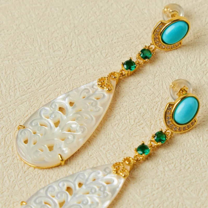 Turquoise and Mother-of-Pearl Earrings "Colored Empire" Gold-Plated Silver