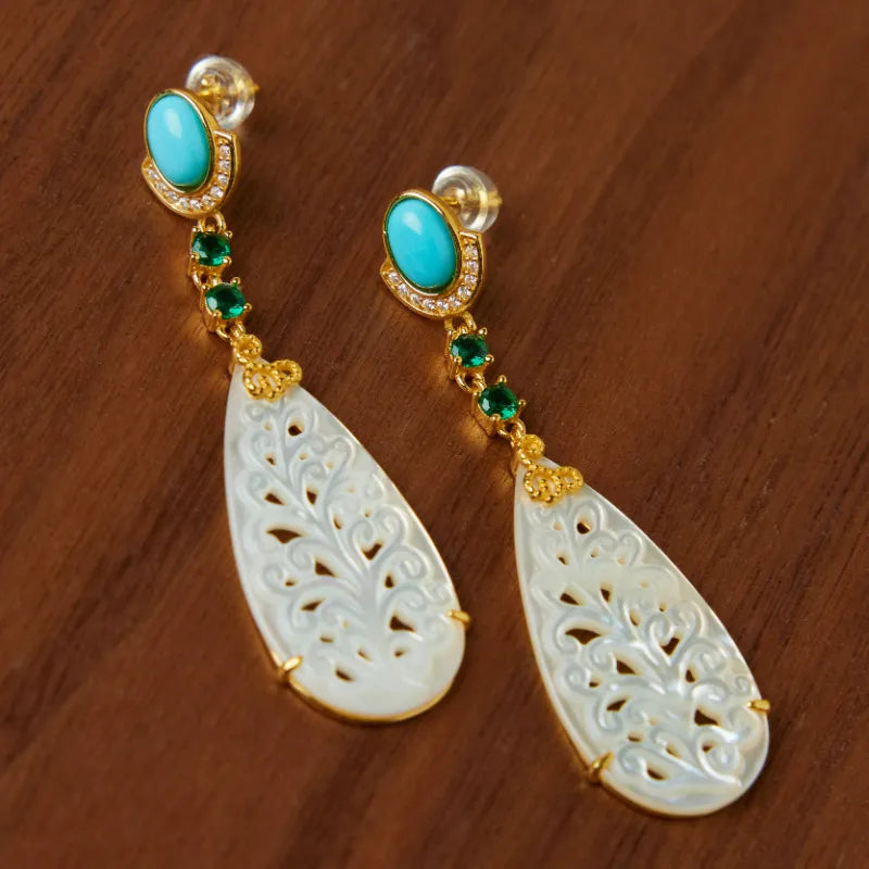 Turquoise and Mother-of-Pearl Earrings "Colored Empire" Gold-Plated Silver
