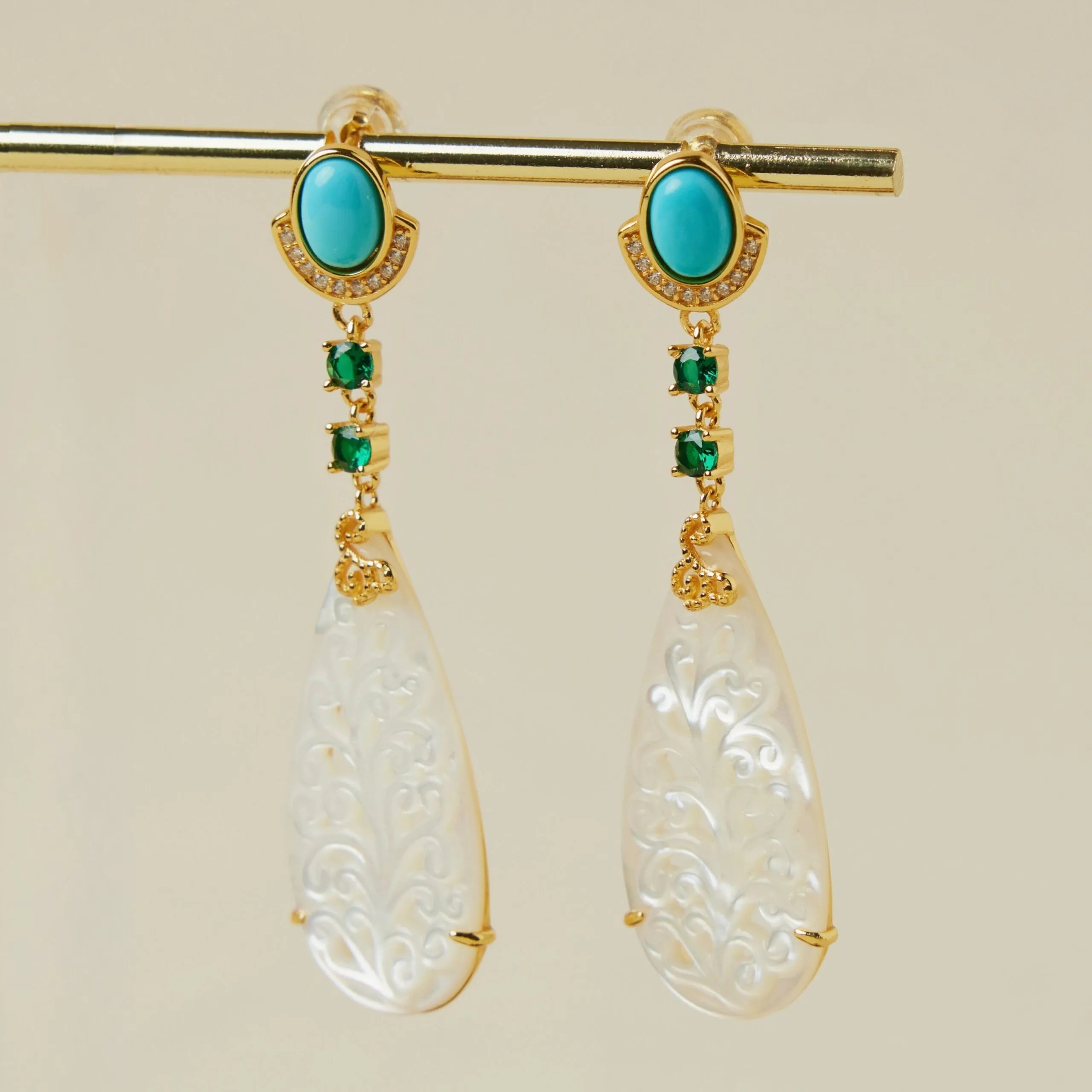 Turquoise and Mother-of-Pearl Earrings "Colored Empire" Gold-Plated Silver