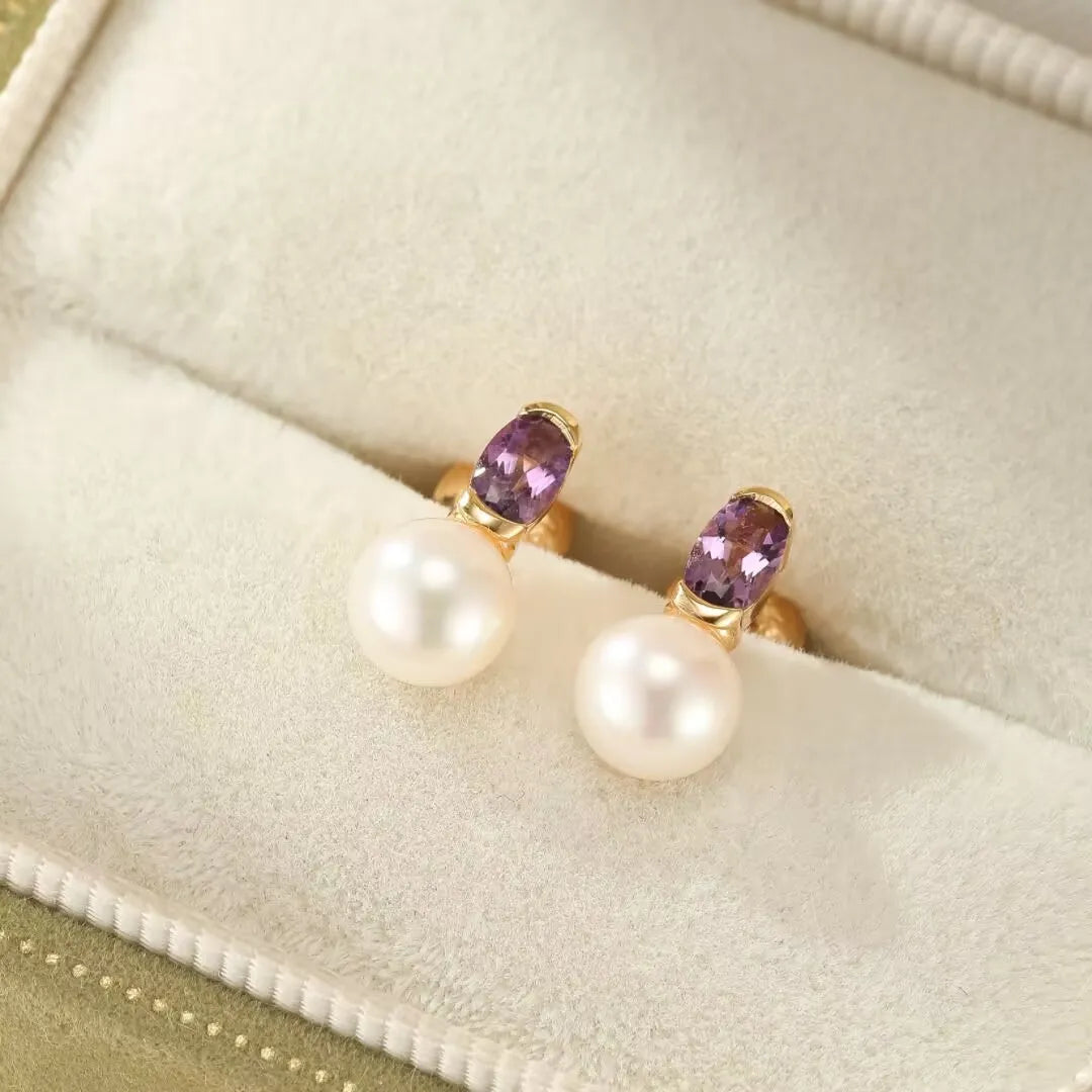Amethyst and Pearl Earrings "Reflections of Elegance" Gold-Plated Silver