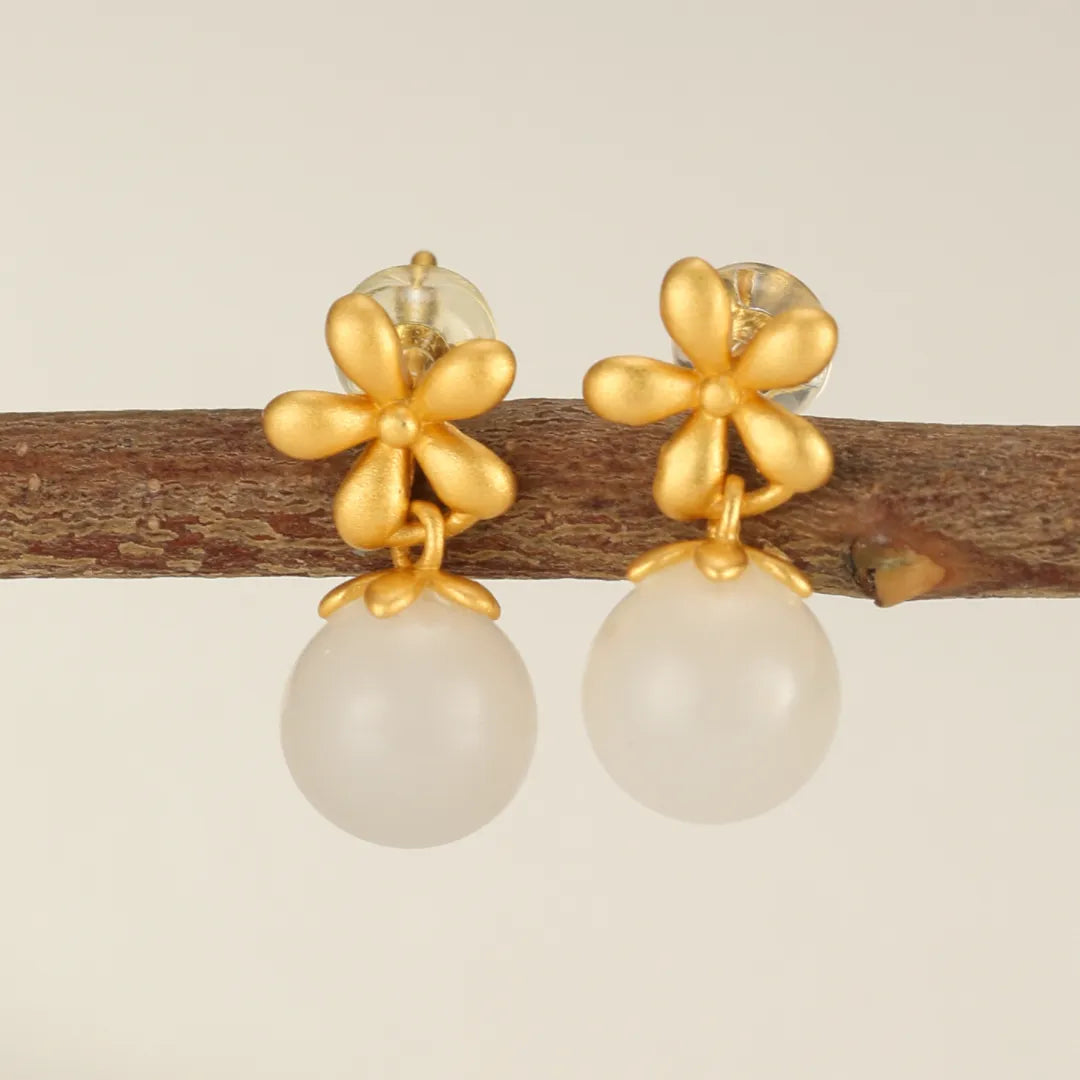 Jade Earrings “Floral Shine” Gold-Plated Silver