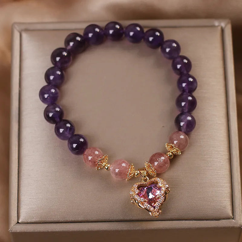 Amethyst and Strawberry Quartz Bracelet "Heart of Gold"