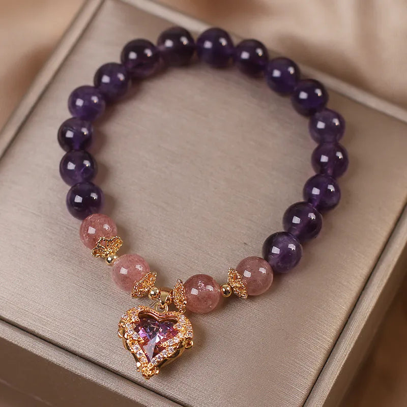 Amethyst and Strawberry Quartz Bracelet "Heart of Gold"