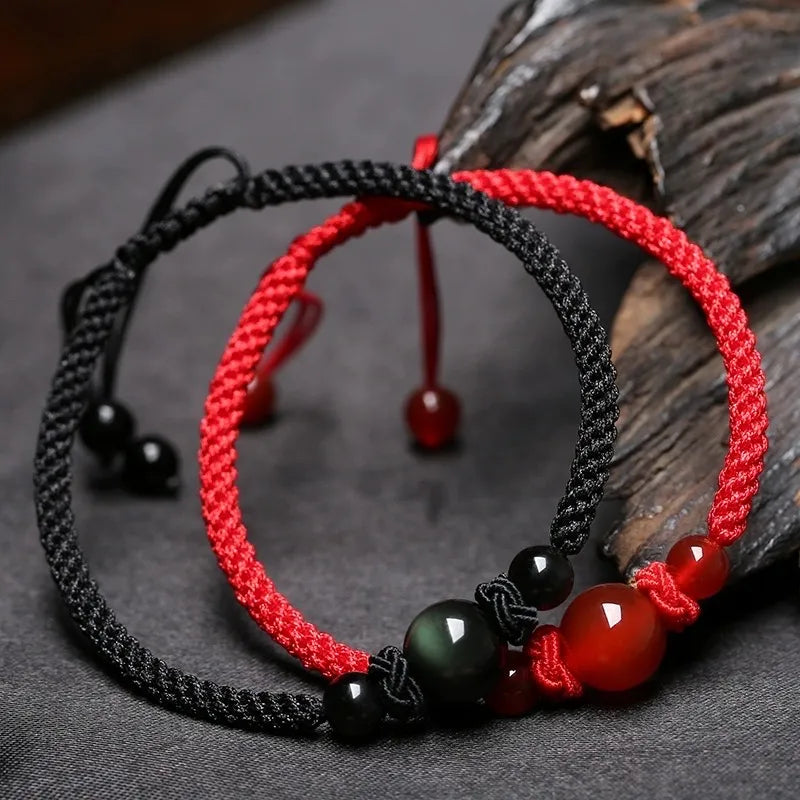 Couple Bracelet Red Thread Agate and Obsidian "Thread of Eternity"