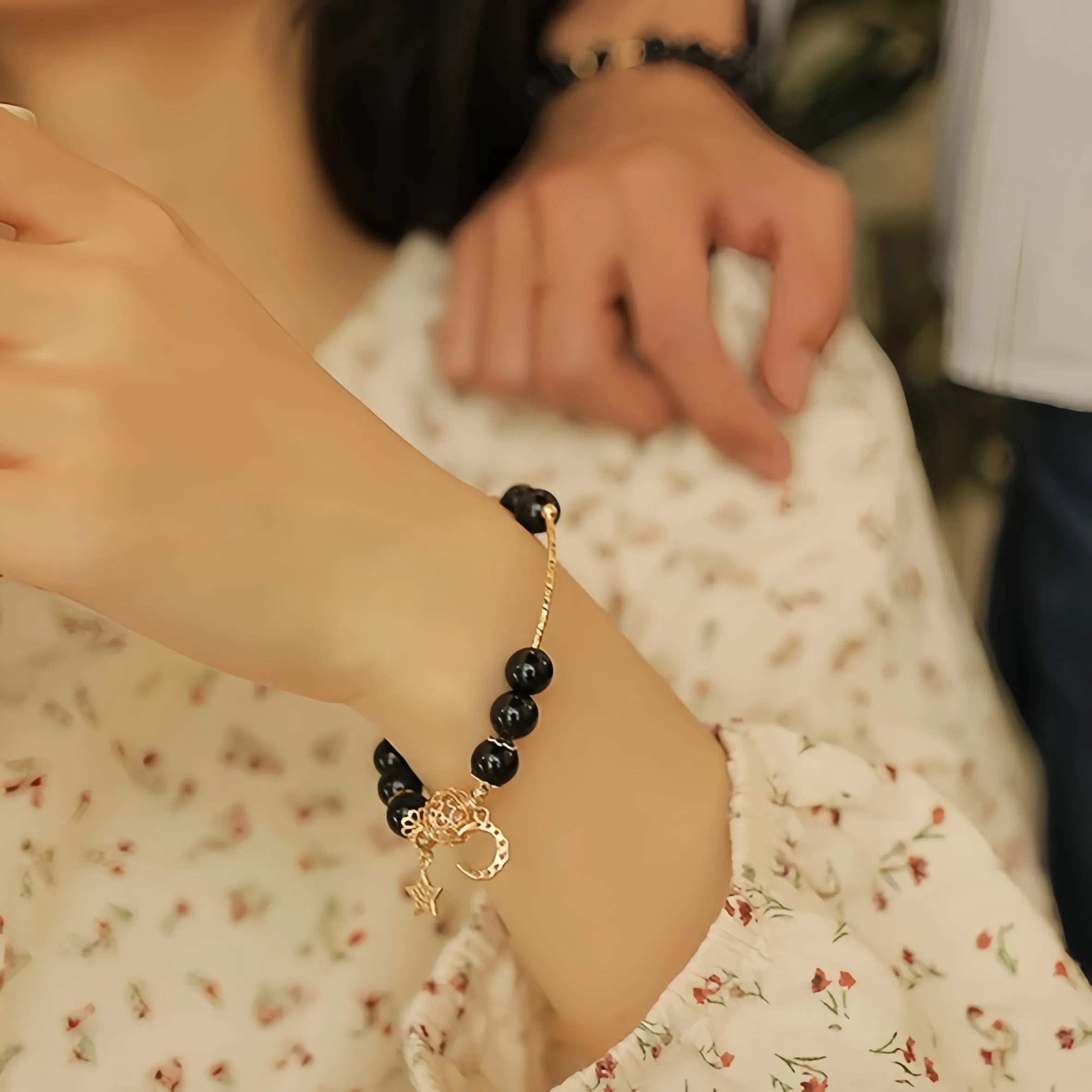 Couple Obsidian Bracelet "Cosmic Duo" Gold-Plated Silver