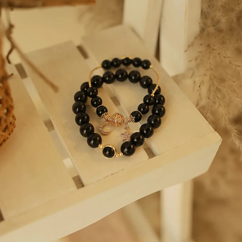 Couple Obsidian Bracelet "Cosmic Duo" Gold-Plated Silver