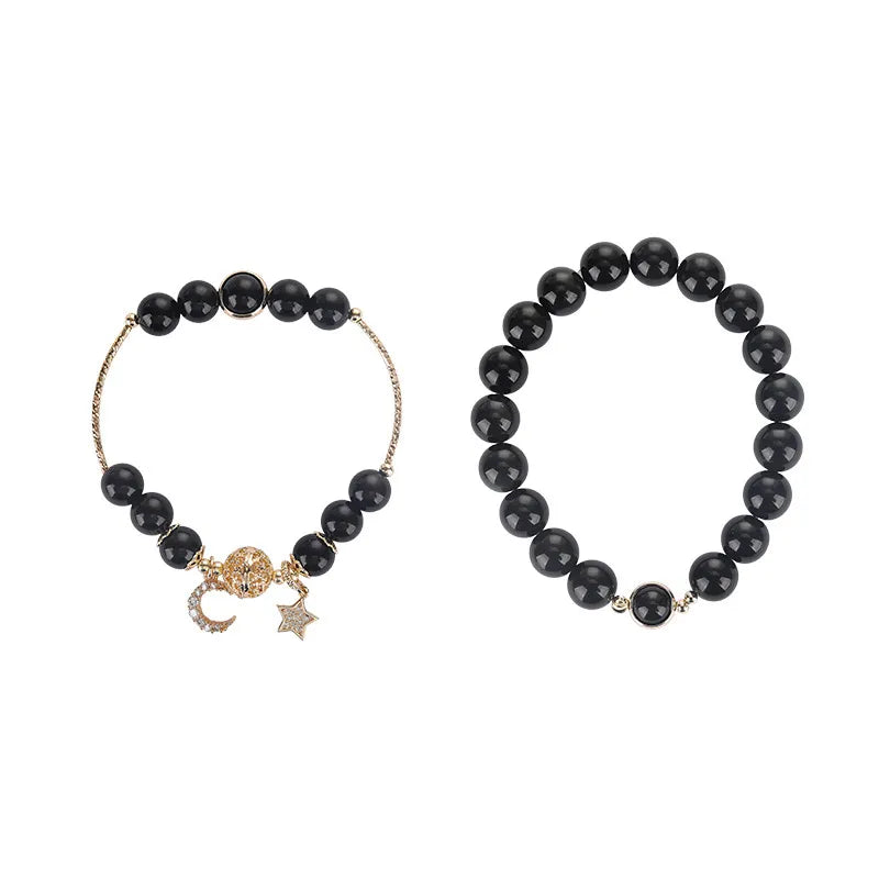 Couple Obsidian Bracelet "Cosmic Duo" Gold-Plated Silver