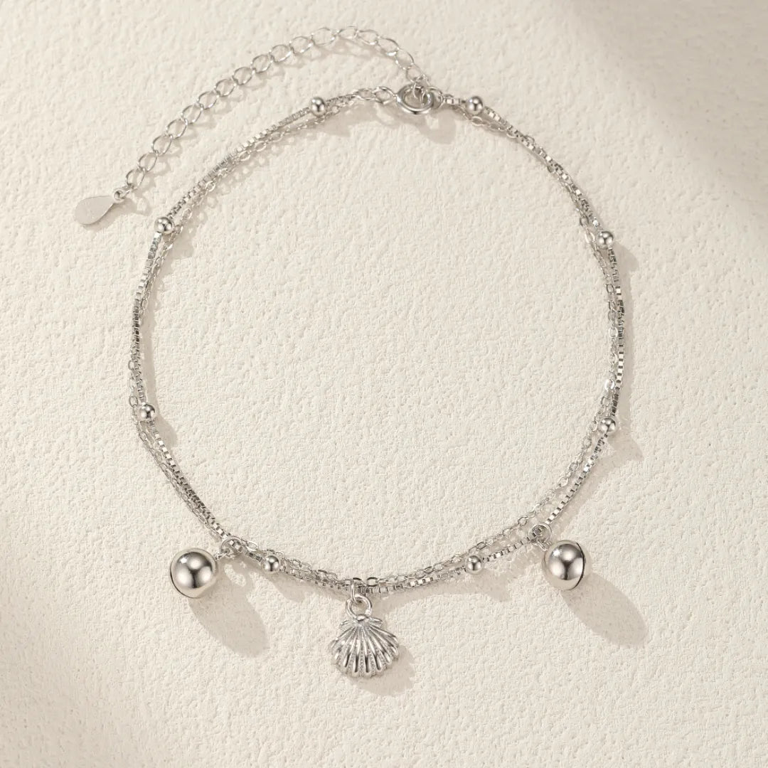 Bracelet de cheville double chaîne en argent 925 avec des perles et un pendentif coquillage