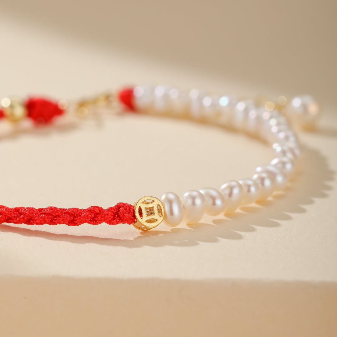 Red Thread Bracelet "Pearl Shine" Gold Silver