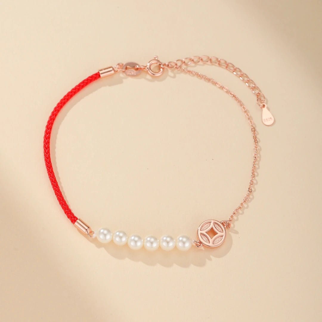 Red Thread Bracelet "Whisper of Mother-of-Pearl" Silver