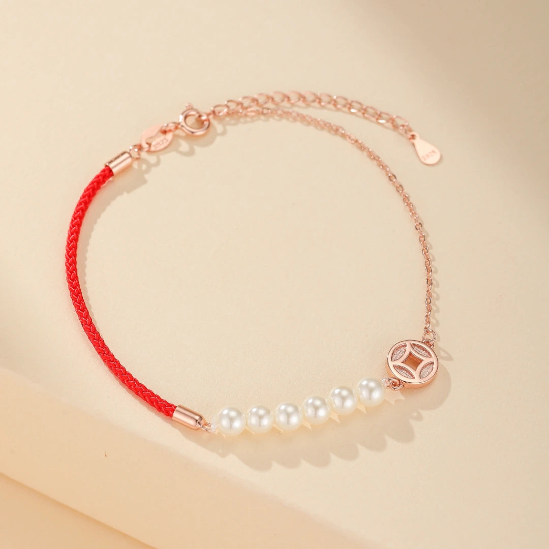 Red Thread Bracelet "Whisper of Mother-of-Pearl" Silver
