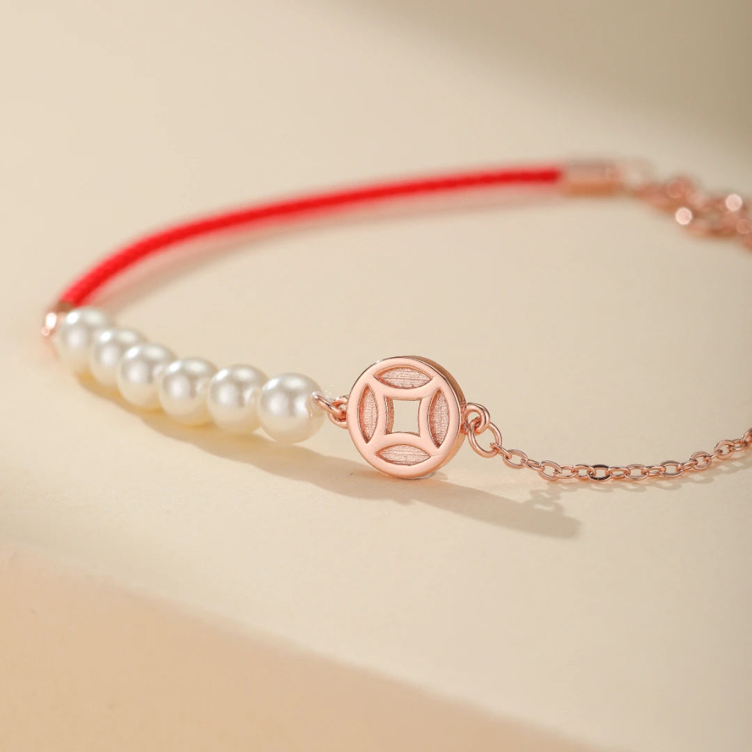 Red Thread Bracelet "Whisper of Mother-of-Pearl" Silver
