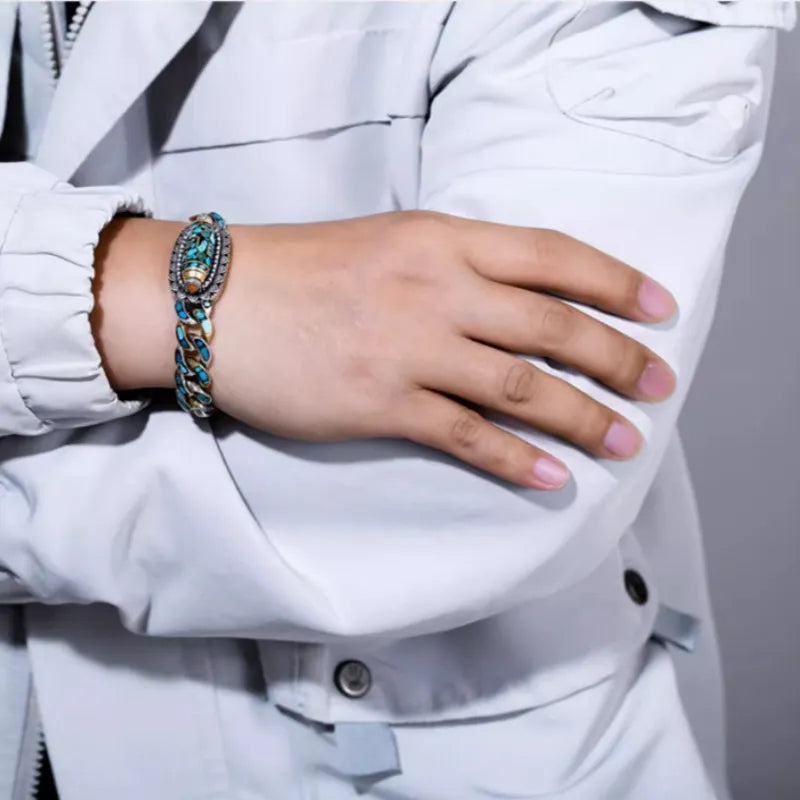 Rotating Men's Bracelet Six Mantras Turquoise "Protective Force" Silver