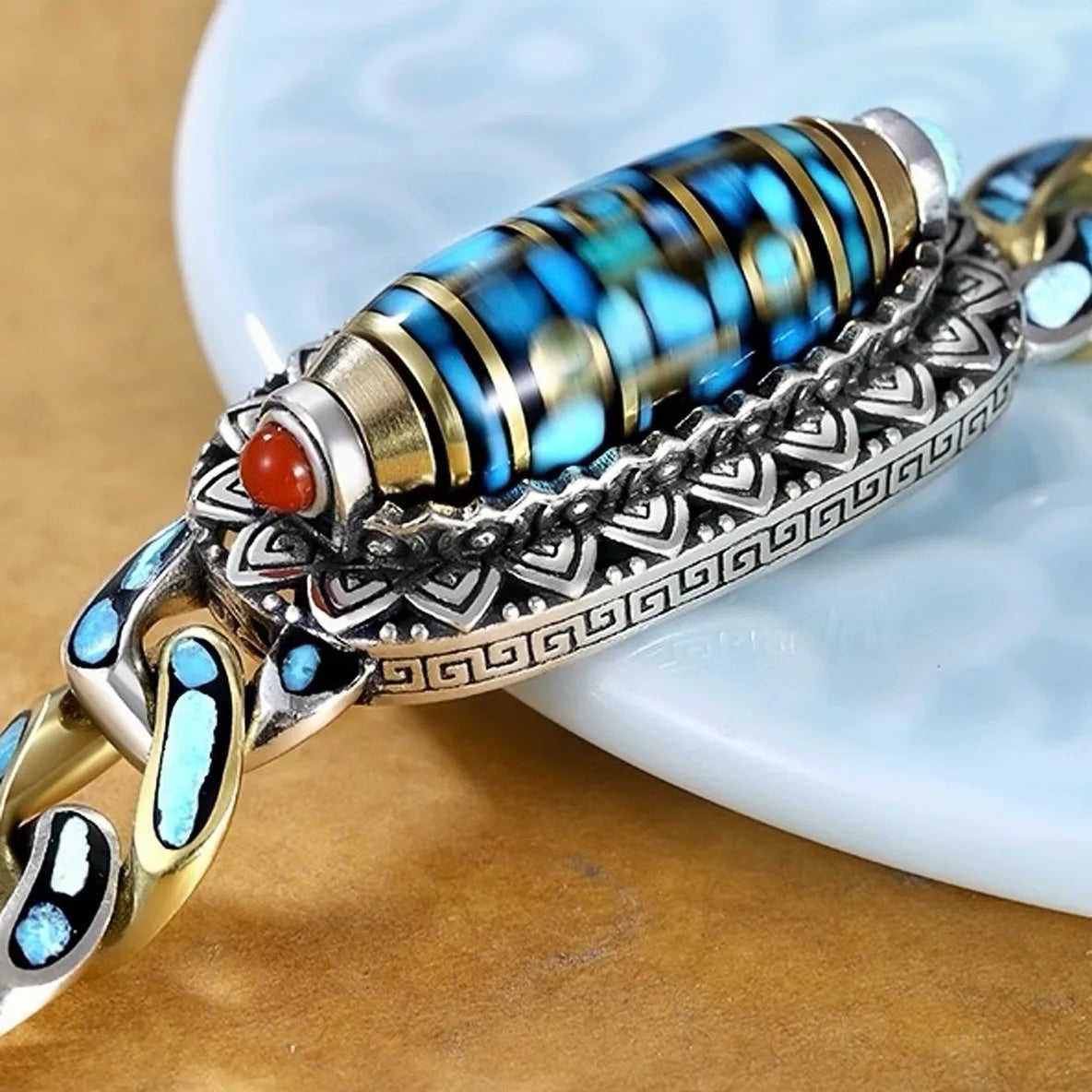 Rotating Men's Bracelet Six Mantras Turquoise "Protective Force" Silver
