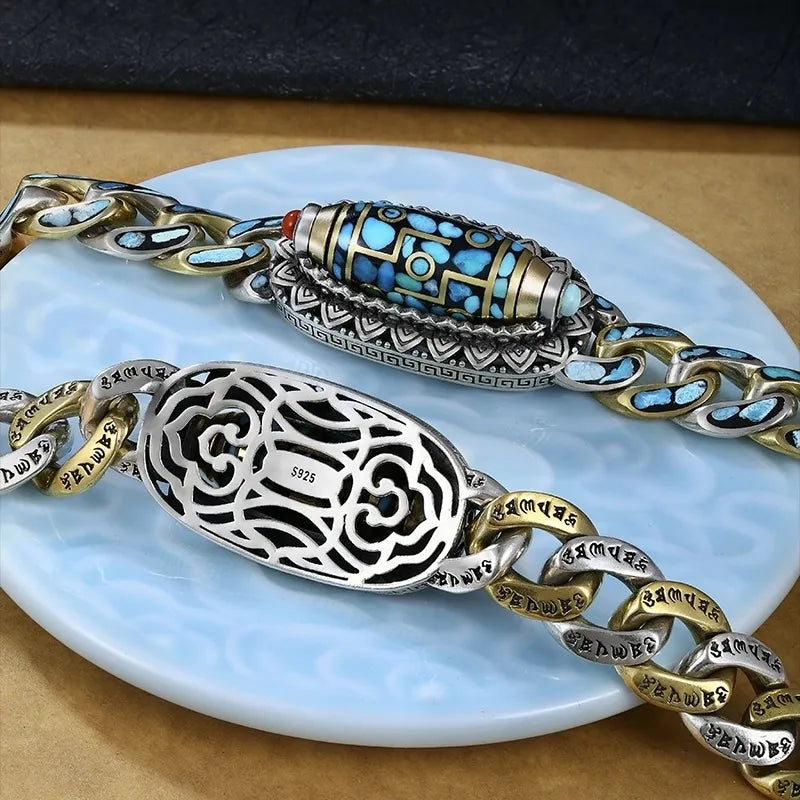 Rotating Men's Bracelet Six Mantras Turquoise "Protective Force" Silver