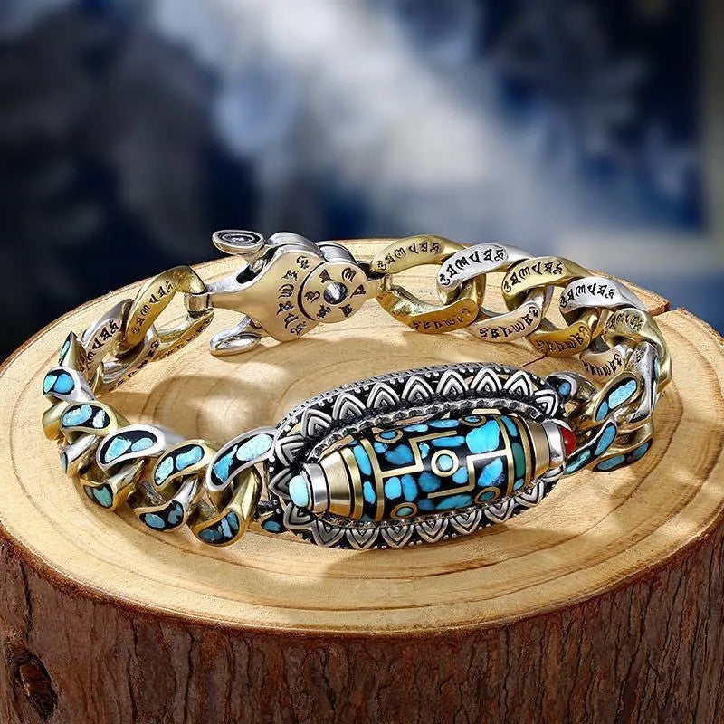 Rotating Men's Bracelet Six Mantras Turquoise "Protective Force" Silver