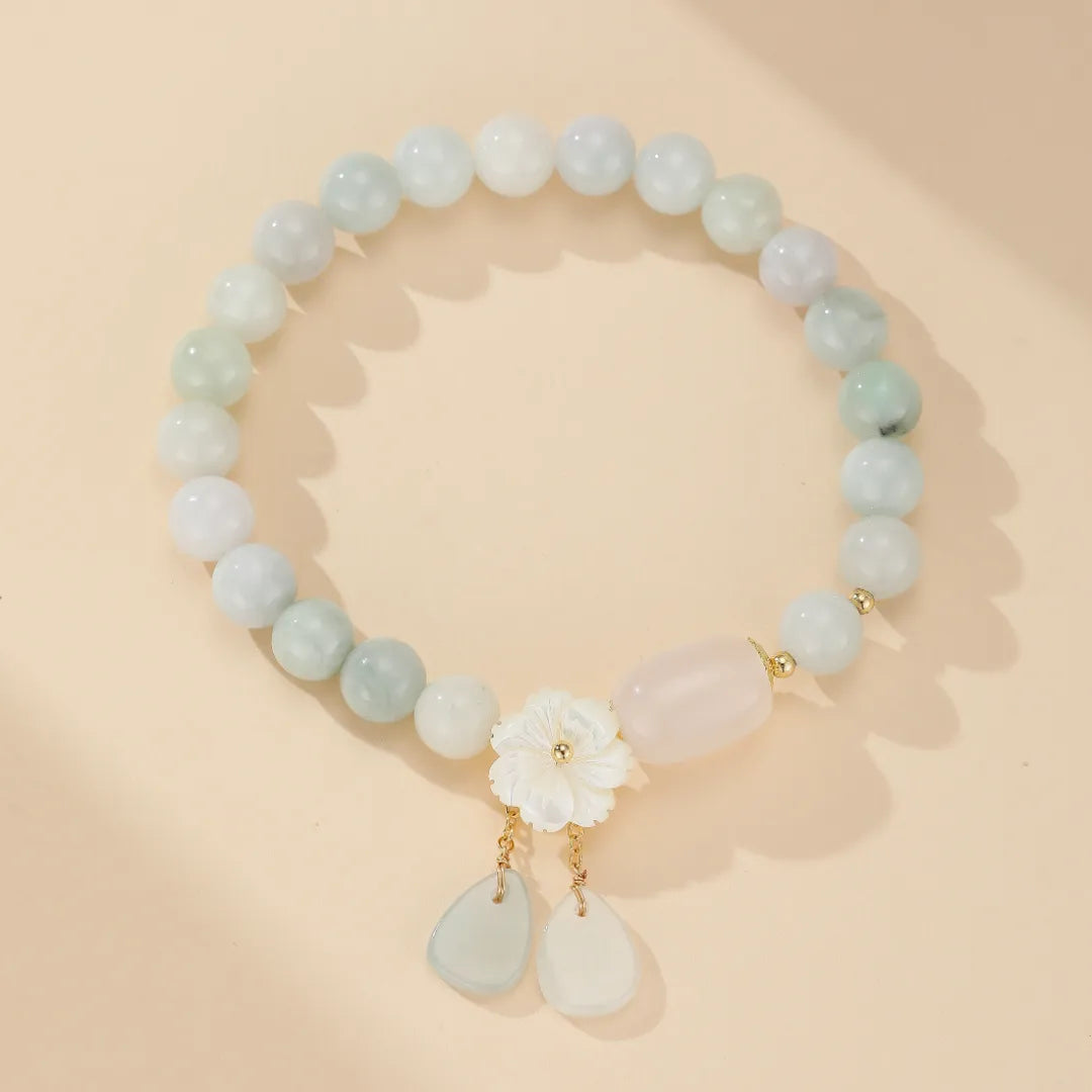 White Jade and Agate Bracelet "Flower of Happiness" Gold