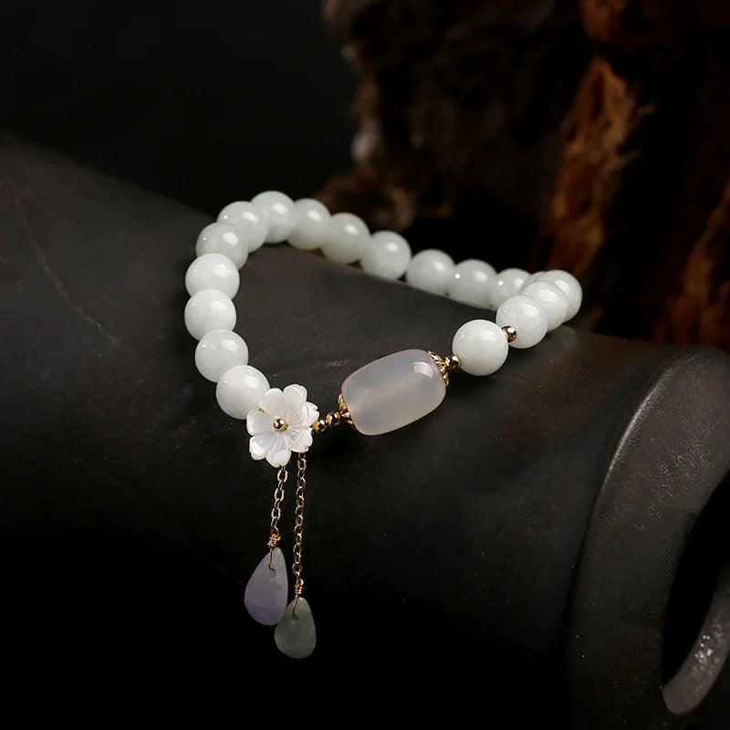 White Jade and Agate Bracelet "Flower of Happiness" Gold
