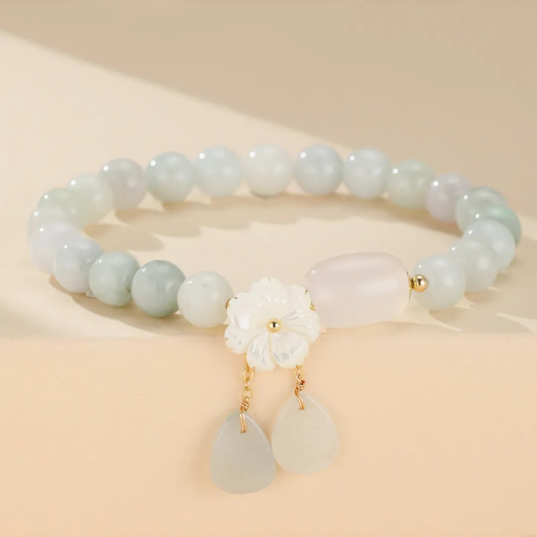 White Jade and Agate Bracelet "Flower of Happiness" Gold