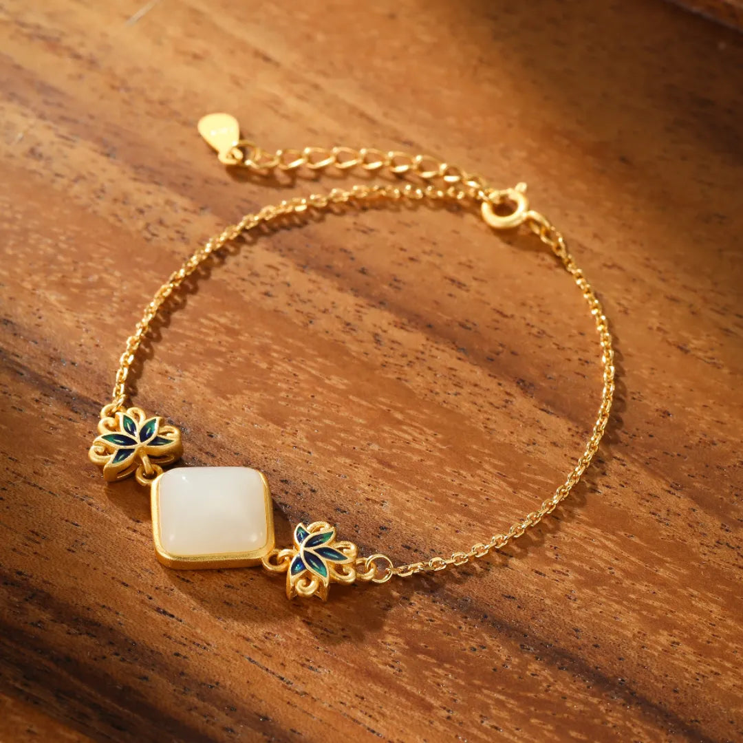 White Jade Bracelet "Celestial Lotus" Gold-Plated Silver