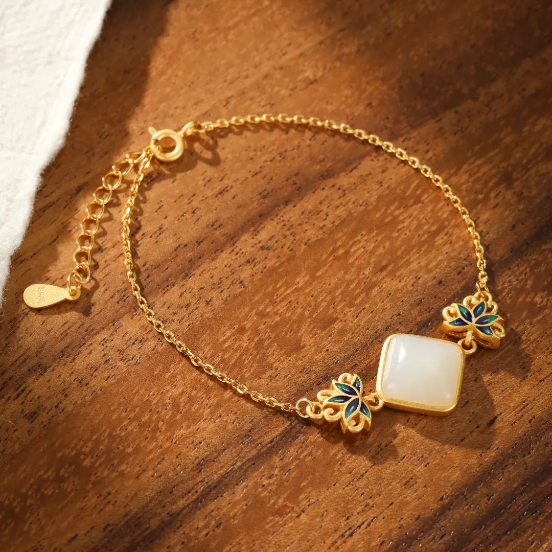 White Jade Bracelet "Celestial Lotus" Gold-Plated Silver