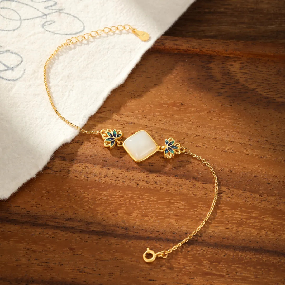 White Jade Bracelet "Celestial Lotus" Gold-Plated Silver