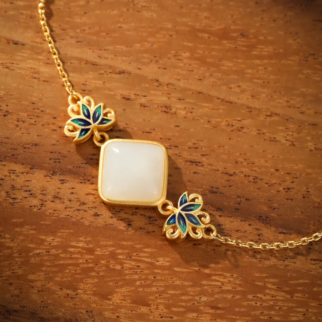 White Jade Bracelet "Celestial Lotus" Gold-Plated Silver