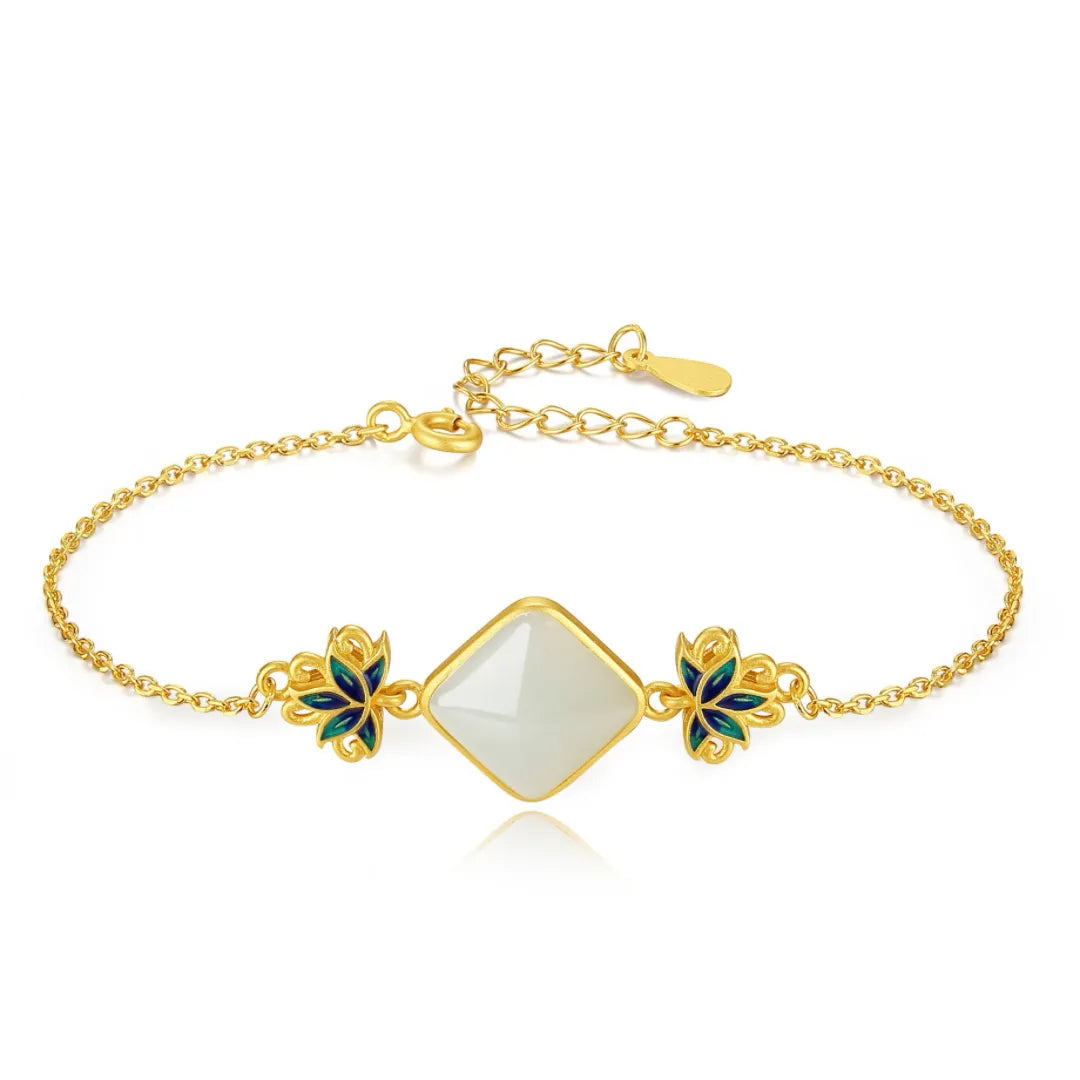 White Jade Bracelet "Celestial Lotus" Gold-Plated Silver