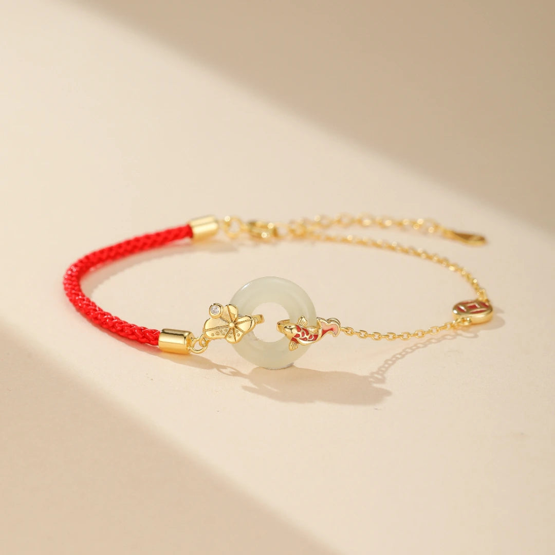 Jade Bracelet Red Thread "Aquatic Harmony" Gold-Plated Silver