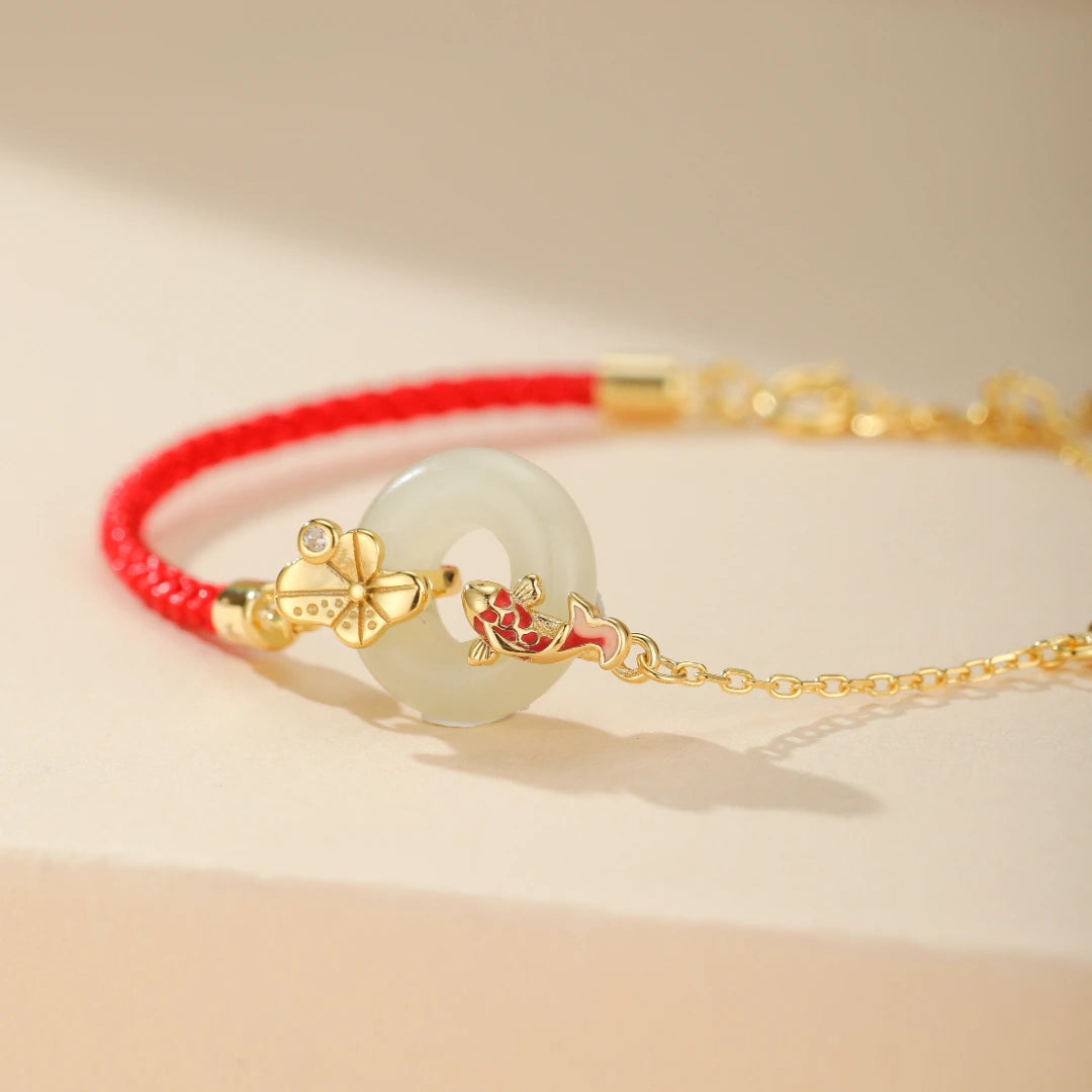 Jade Bracelet Red Thread "Aquatic Harmony" Gold-Plated Silver
