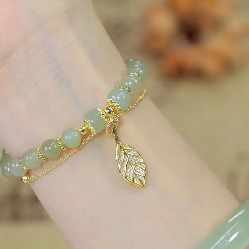 Jade Stone Bracelet - Golden Leaflet, Gold Plated Silver