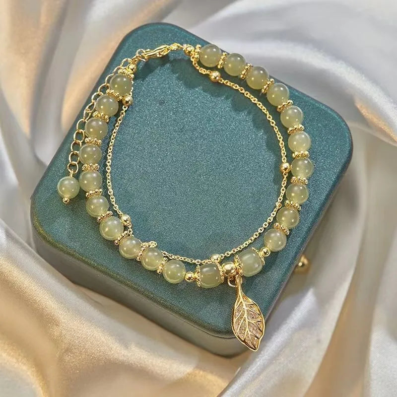 Jade Stone Bracelet - Golden Leaflet, Gold Plated Silver