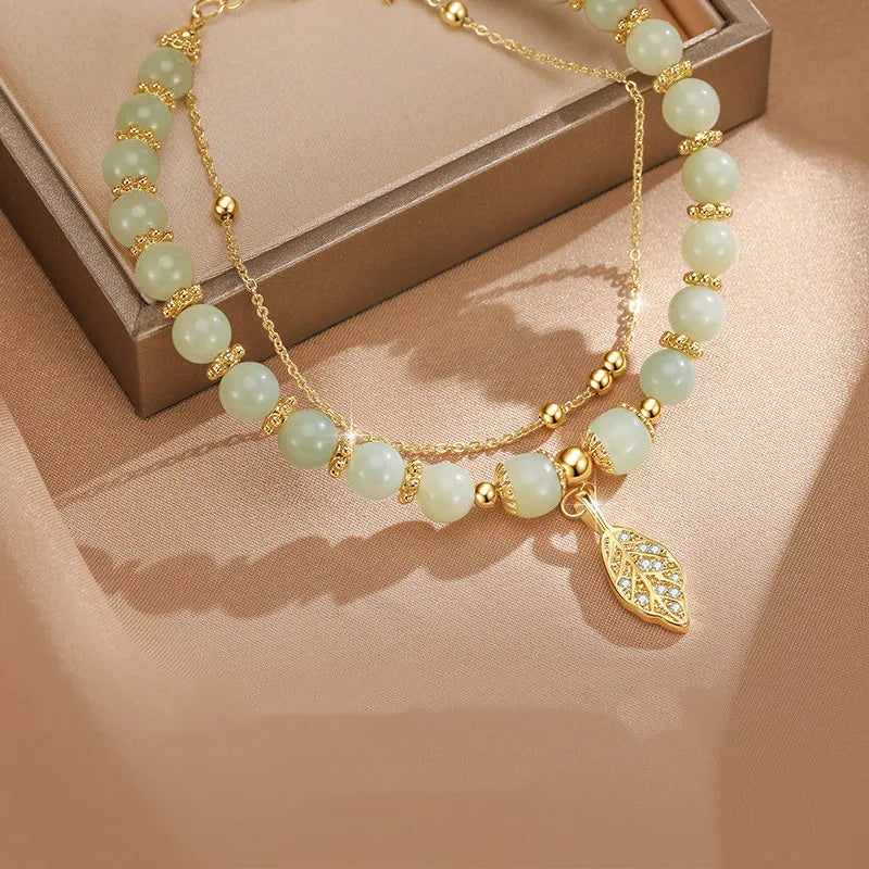 Jade Stone Bracelet - Golden Leaflet, Gold Plated Silver