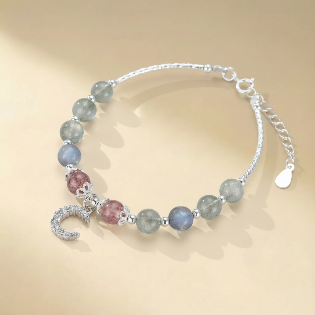 Bracelet Labradorite et Quartz Fraise "Nuit Rosée" Argent