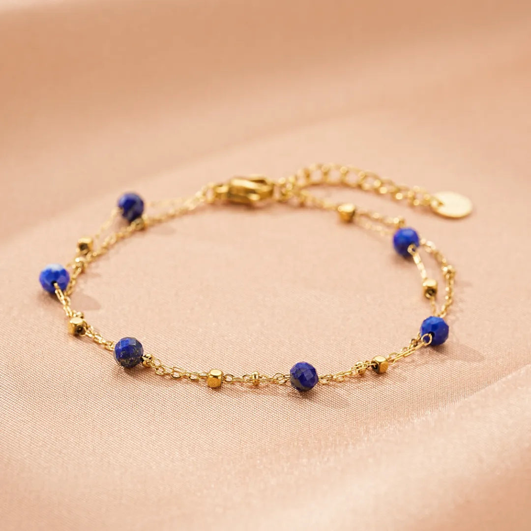 Bracelet fin en argent plaqué or avec perles d'amazonite ou de lapis-lazuli bleues et petites perles dorées