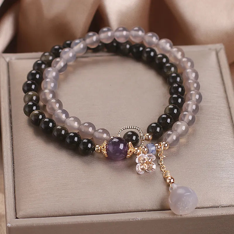 Lotus Agate and Obsidian Bracelet "Ethereal Beauty"